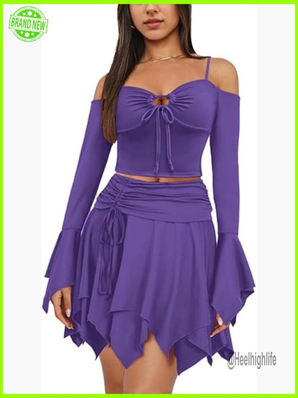 Long Sleeve Crop Top and High Low Skirt Set, Polyester Spandex Blend, Size Large